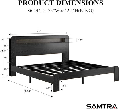 Wooden Bed Frame King Size with Storage Headboard - Farmhouse Platform Bed Frame with Bookcase Shelf & Led Lights, Sturdy Wood Slat Framework Bed Frame (Black LED)