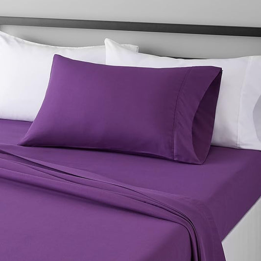 Amazon Basics Lightweight Super Soft Easy Care Microfiber 3 Piece Bed Sheet Set With 14-inch Deep Pockets, Twin X-Large, Plum, Solid