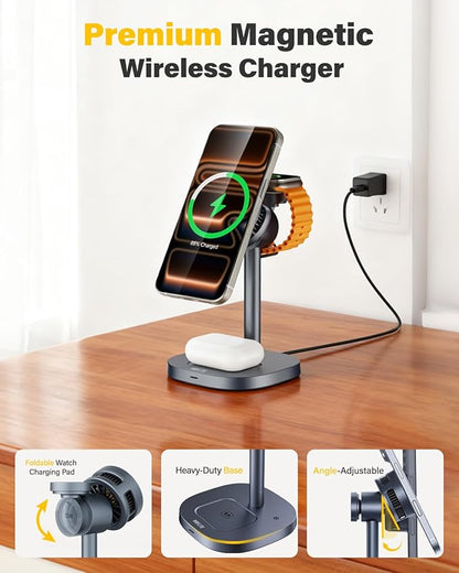 25W Qi2.2 Fast Wireless Charger Stand for Apple MagSafe Charger, 3 in 1 Charging Station with TEC Cooling, Magnetic Wireless Charger for iPhone17/16/15/14/13/12, Apple Watch, AirPods, Gifts for Men
