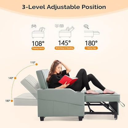 VINGLI Light Green Futon Sofa Bed Convertible Loveseat Sleeper Couch, Faux Leather Pullout Sofa Fold Out Couch Bed with USB Ports, Cup Holders, Armrest for Living Room, Bedroom Apartment Room