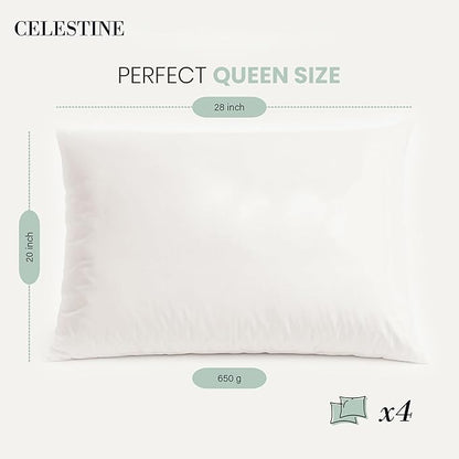 Celestine Queen Size Pillows Set of 4 – Soft Down Alternative Microfiber Filling, Plush White 20x28 Bed Pillows for Side and Back Sleepers, Breathable, Supportive, Machine Washable Pillow Set