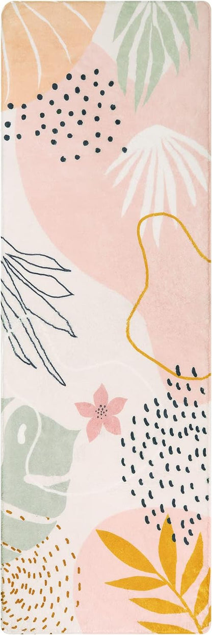 Lahome Pink Washable Runner Rug - 2x6 Non-Slip Throw Hallway Runner Rugs Low-Pile Soft Bedroom Kitchen Runner Rug Boho Botanical Print Carpet Runner for Laundry Room Entryway Bathroom Living Room