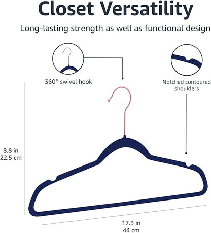 Amazon Basics Slim Velvet, Non-Slip Suit Clothes Hangers, Pack of 50, Navy Blue/Rose Gold