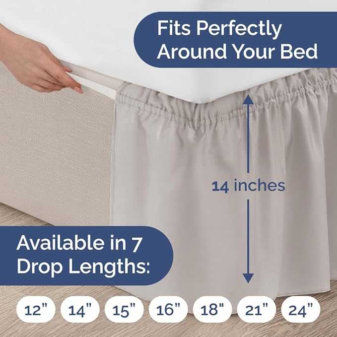 Wrap Around Dust Ruffle Bed Skirt - Light Grey - for Queen Size Beds w/ 14 Inch Drop - Easy Fit Elastic Strap - Adjustable Pleated Bedskirt with Brushed Fabric, Wrinkle Free Women, Men, Kids and Teens