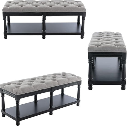 DUOMAY Mid-Century Tufted Storage Bench with Shelf, Linen Upholstered Farmhouse Entryway Shoe Bench Ottoman Bed End Stool for Bedroom Living Room Dining Room, Black Wood Frame, Grey
