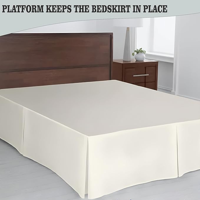 Pleated Bed Skirt Queen Size, 12" Drop with Platform Design for Secure Fit, Split Corners, Wrinkle-Resistant Microfiber for Modern Stylish Look, Tailored Bedding for Hotel Luxury - Ivory