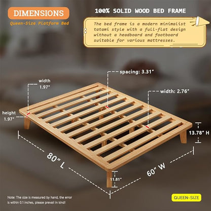 Queen Platform Bed Base - 14 Inch Solid Wood Mattress Foundation with Support Slats and Legs, Queen-Size Rubberwood Simple Bed Frame