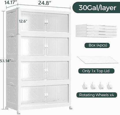 120Gal Stackable Storage Bins with Lid, 480Qt Extra Large Collapsible Storage Box with Doors and Wheels, Plastic Closet Organizer and Storage Cabinet Drawer for Home Kitchen, 4Pack White