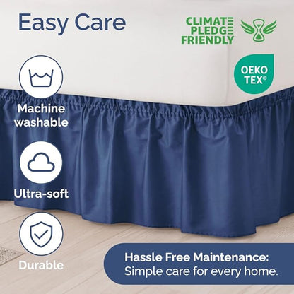 Wrap Around Dust Ruffle Bed Skirt - Navy Blue - for Queen Size Beds w/ 16 Inch Drop - Easy Fit Elastic Strap - Adjustable Pleated Bedskirt with Brushed Fabric, Wrinkle Free Women, Men, Kids and Teens