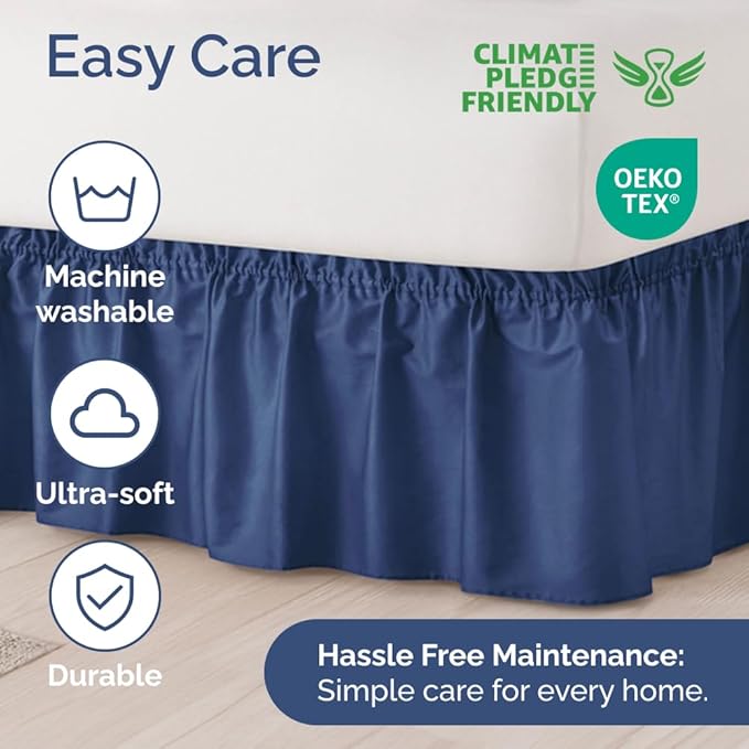 Wrap Around Dust Ruffle Bed Skirt - Navy Blue - for Twin Size Beds w/ 16 Inch Drop - Easy Fit Elastic Strap - Adjustable Pleated Bedskirt with Brushed Fabric, Wrinkle Free Women, Men, Kids and Teens