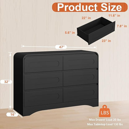 6 Drawer Dresser with Extendable Table, L-Shaped Desk Vanity Combo, 47" Wood Dresser & Chest of Drawers, Modern Closet Clothes Storage Dressers Organizer for Bedroom Living Room Hallway, Black