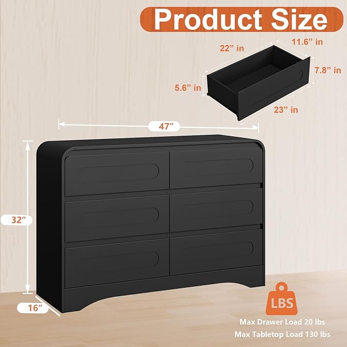 4 Pcs Bedroom Set, Dresser and Nightstand Sets, Including Modern Wooden Tall 6 Drawer Dressers, Wide 6 Drawers Dresser & Night Stand Set of 2 for Bedroom, Black