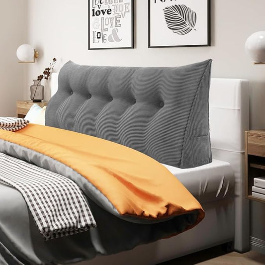 WOWMAX Wedge Pillow Headboard Queen Triangular Headboard Pillow Queen Bed Wedge Pillow for Headboard Bolster Pillow for Bed Daybed Pillows with Removable Cover, Corduroy (100% Cotton), Gray