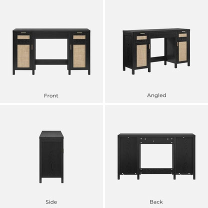 SICOTAS 2 Pieces Rattan Vanity Home Office Desk - Big Boho Makeup Vanities Benches with Drawers & Storage Cabinets, Dressing Vanity Table for Makeup Room, Bedroom, Home Office, Black Oak