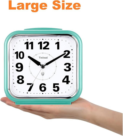 5.5" Large No Ticking Analog Alarm Clock,Silent Readable for Seniors,Easy to Set,Gradual Rise Alarm,Big Numbers,Gentle Wake,Snooze, Lighted on Demand,Battery Operated,Green