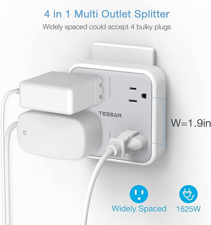 Multi Plug Outlet Splitter, TESSAN Widely Spaced Outlet Extender with 4 AC, Wall Plug Expander Surge Protector for Home, Office, Dorm Essentials