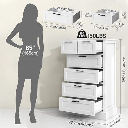 Odeekea White Dresser with 6 Drawers, Vertical Tall Dresser for Bedroom, Chest of Drawers for Nursery, Wood Closet Drawers for Hallway, Living Room, Entryway, 47” Tall Modern Farmhouse Style