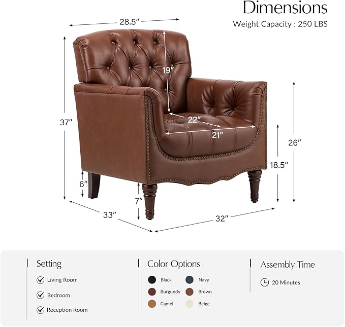 HULALA HOME Mid Century Modern Leather Club Chairs Set of 2, Top-Grain Genuine Leather Armchairs with Button-Tufted Back & Solid Wood Legs, Accent Chairs for Living Room/Bedroom/Home Office, Brown