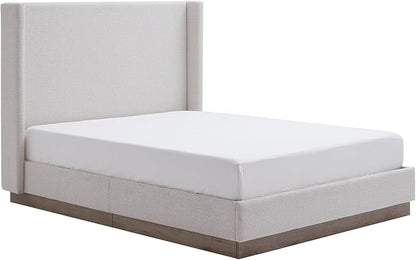 King Size Upholstered Platform Bed Frame, 53.1" Tall Headboard Hosford Wingback Bedframes, Wood Base Floor Beds, No Box Spring Needed, No Noise, Minimalist, Cream White Boucle