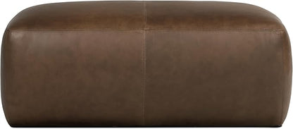 Poly & BARK Denver Ottoman – 43" Large Pouf with Feather-Down Topper – Full-Grain Leather Upholstered Pouf Ottoman for Living Room – Vintage Italian Leather in Cocoa Brown