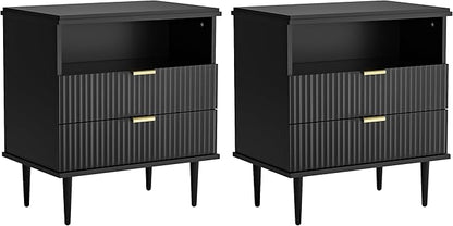 Nightstand with Charging Station, Wide Fluted Nightstand, Wood for Bedroom, Black Dresser with Storage Drawers, Bedside Table with Metal Handle & Leg (Black Set of 2, 23.3)