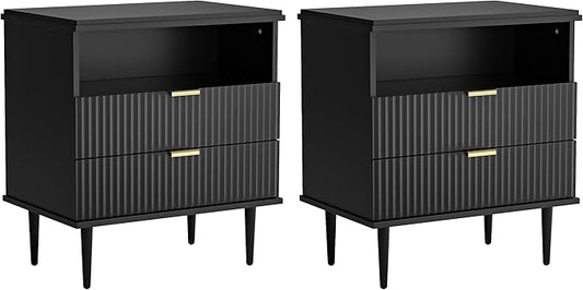 Nightstand with Charging Station, Wide Fluted Nightstand, Wood for Bedroom, Black Dresser with Storage Drawers, Bedside Table with Metal Handle & Leg (Black Set of 2, 23.3)