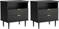 Nightstand with Charging Station, Wide Fluted Nightstand, Wood for Bedroom, Black Dresser with Storage Drawers, Bedside Table with Metal Handle & Leg (Black Set of 2, 23.3)