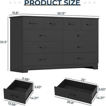DICTAC Black Dresser for Bedroom with 10 Drawers, Large Chest of Drawers Storage Organizer, Long Dresser TV Stand with Power Outlets, Wide Dressers for Bedroom, Living Room 55.1" W x 32.3" H x 15.8" D
