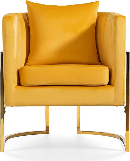 Velvet Modern Accent Chair, Upholstered Barrel Armchair Mid Century with Pillow for Living Room, Comfy Single Vanity Chair with Metal Gold Legs for Bedroom, Yellow