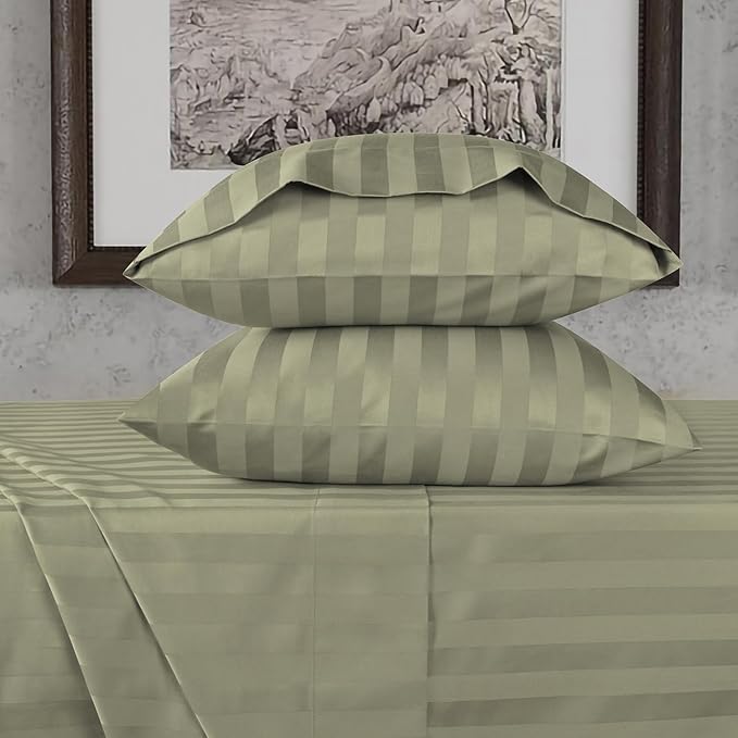 URBANHUT 800 Thread Count 100% Cotton Damask Full Size Sheets, 4 Piece Striped Full Size Bedsheets, Luxury Hotel Sheets Sateen Weave - Better Than Egyptian, 16" Elasticized Deep Pocket- Sage