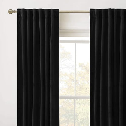RYB Home Black Velvet Curtains 90 inches - Blackout Heavy Duty Curtains Soft Luxury Back Tab Window Covering Privacy Protection for Kids Room Bathroom Basement, Black, W52 x L90 inches, 2 Panels