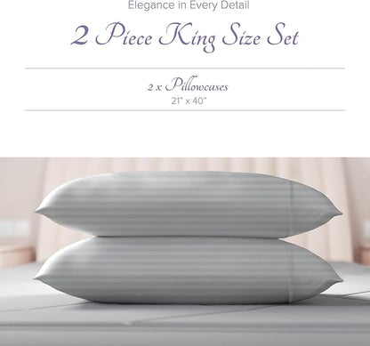 Carressa Linen 100% Egyptian Cotton King Size Pillow Cases Set of 2 - Luxury 600 Thread Count Stripe Silver King Pillowcases, Soft, Cooling Breathable Sateen Weave Hotel Quality Damask Pillow Cover