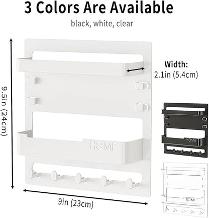 Bedside Wall Shelf Organizer with 5 Hooks & Cable Clips, Plastic Adhesive Wall Mount Storage Rack for Phone, Remote, Earphones, Kindle, Bedroom, Dorm, RV (Clear)
