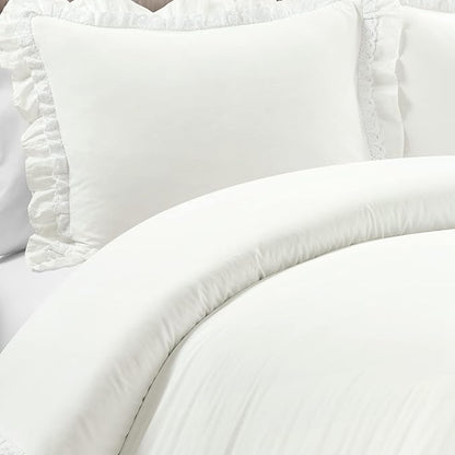 Lush Decor Ella Ruffle Lace 100% Cotton Duvet Cover, 3 Piece Set, Full/Queen, White - Cute Comforter - Queen Bedding Set - White Bedding Full Size - Coquette Decor - Neutral Lace Trim - Ruffle Trim