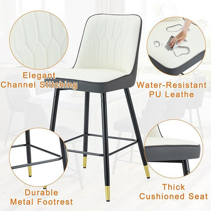 Bar Stools Set of 2,Counter Height Bar Stools with Back and Footrest,27" Barstools with Faux Leather Seat and Black Metal Legs,Counter Stools for Kitchen Island,Pub