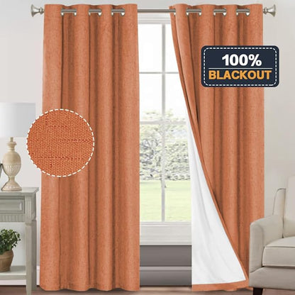 PrinceDeco Blackout Curtains for Bedroom 96 Inches Long Linen Look Curtains for Living Room Black Out Curtains Room Darkening Thermal Curtains with White Liner Backing for Nursery Decor,Orange