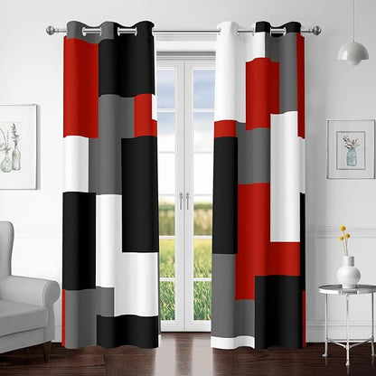 Red Black 100% Blackout Curtains for Bedroom 63 inch Length 2 Panels Set White Grey Modern Abstract Geometric Black Out Curtains Insulated Room Darkening Window Drapes for Living Room, 42Wx63L