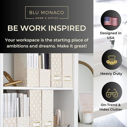 BLU MONACO | Cardboard Magazine File Holder Set of 4 | Vertical Magazine File Holder for Desk and Shelves | Cream Gold Foldable Magazine Holders with Label Slots