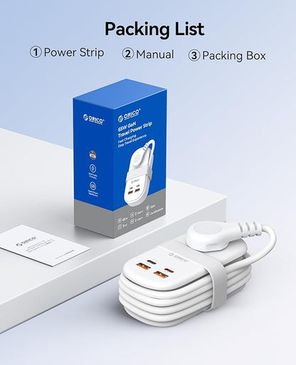 ORICO 65W GaN Travel Power Strip with 7-in-1 Charging Ports (3 AC Outlets/2 USB-A/2 USB-C), Flat Plug and 4FT Extension Cord, Fast Charger for MacBook Pro/Air, iPad Pro, iPhone 17/16/15- AP3