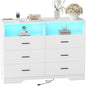 Dresser with Power Outlets and LED Lights Wooden 6 Drawer Dresser with Large Organizer Tall White Drawer for Bedroom Modern Chest of Drawers Closet for Living Room Kids Room