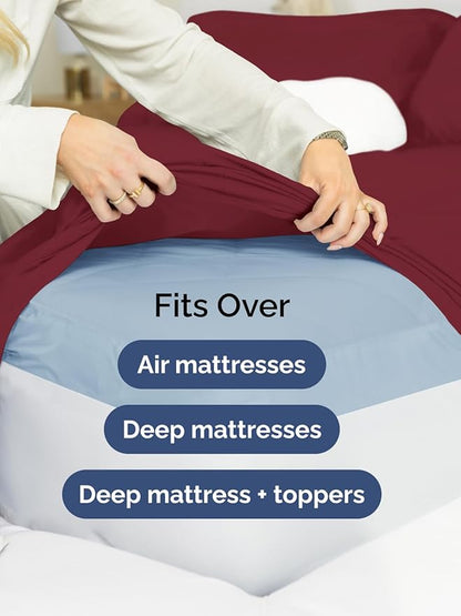 Extra Deep Split King Sheet Set - 7 Piece Breathable and Cooling Sheets - Hotel Luxury Bed Sheets Set - Easy Fit - Soft, Wrinkle Free and Comfy Sheets Set - Burgundy Sheet Set with Extra Deep Pockets