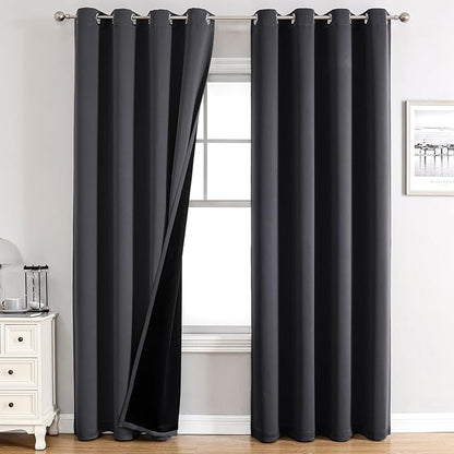 ChrisDowa 100% Blackout Curtains for Bedroom with Black Liner, 2 Thick Layers Total Blackout Thermal Insulated Grommet Window Curtains 72 Inch Length 2 Panels Set (Dark Grey, 52 x 72 Inch)
