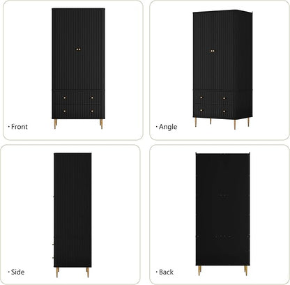 HLR 72" Modern Armoire Wardrobe Closet with Doors and Drawers, Bedroom Armoire Cabinet with Hanging Rod, Wooden Clothing Storage Cabinet Set of 2,Black