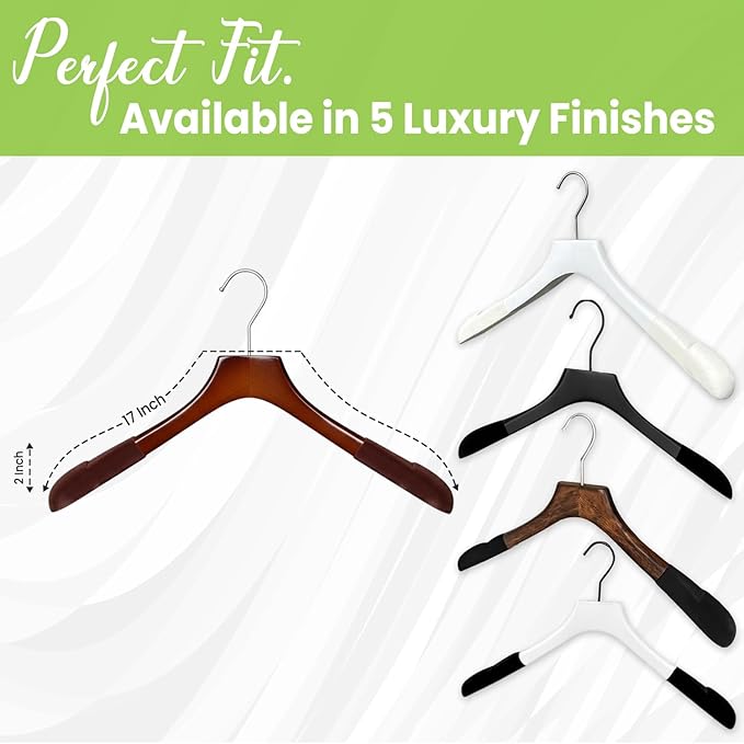 Premium Luxe Wooden Hangers for Women, Wide Shoulder Design for Dresses, Skirts, Sweaters & Blouses, Heavy Duty with Velvet Grip, High Gloss Brown with Brown Velvet, 6 pcs