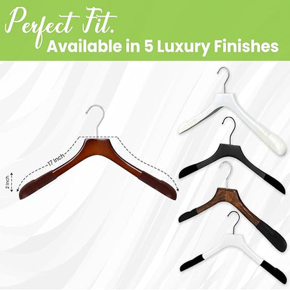 Premium Luxe Wooden Hangers for Women, Wide Shoulder Design for Dresses, Skirts, Sweaters & Blouses, Heavy Duty with Velvet Grip, High Gloss Brown with Brown Velvet, 30 pcs