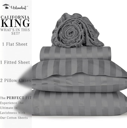 URBANHUT 800 Thread Count 100% Cotton Damask California King Size Sheets Set, 4 Piece Striped Cal King Size Bedsheets, Luxury Hotel Sheets Sateen Weave, 16" Elasticized Deep Pocket- Dark Grey