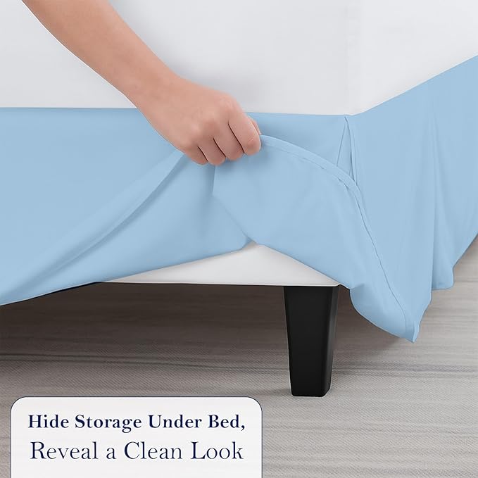 Queen Bed Skirt, Luxury 16 Inch Drop Light Blue Pleated Bed Skirt, Double Brushed Microfiber, Box Pleat Design, Wrinkle & Fade Resistant, Easy Fit Tailored Bedskirt for Queen Size Beds