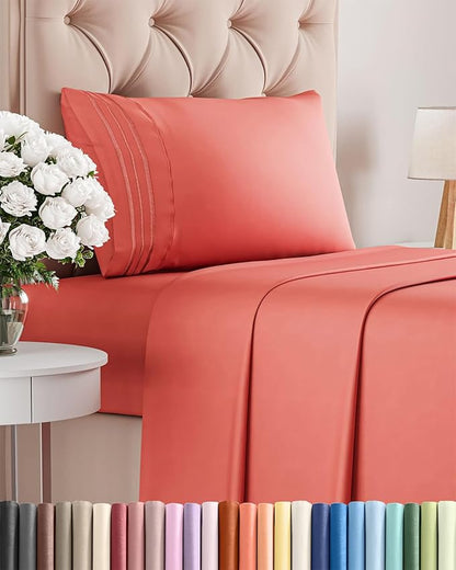 Twin XL Size 3 Piece Sheet Set - Comfy Breathable & Cooling Bed Sheets Set - Hotel Luxury Bedding for Women, Men, Kids, Teens, Boys & Girls - Deep Pockets, Ultra-Soft, Wrinkle Free - Oeko-Tex - Coral