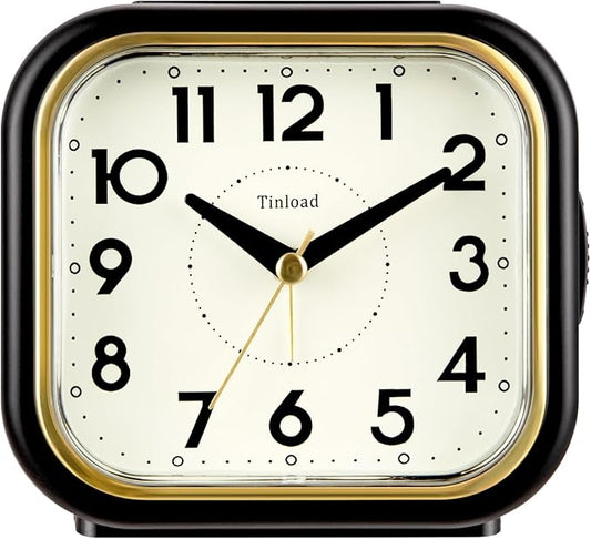 4.3" Retro Analog Alarm Clock • Silent Non Ticking • Gentle Wake • Beep Sounds • Increasing Volume • Battery Operated Snooze and Lighted on Demand • Retro Black