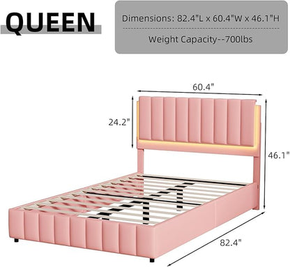 Pink Queen Bed Frame with Headboard and LED Lights, Modern Upholstered Faux Leather Platform Bed with Wooden Slats Support, No Box Spring Needed, Easy Assembly, Pink